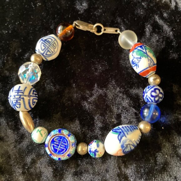 Sterling 925 Ceramic Glass Cloisonne Beaded Bracelet Chinese‎ Jordan 8" - Picture 3 of 9